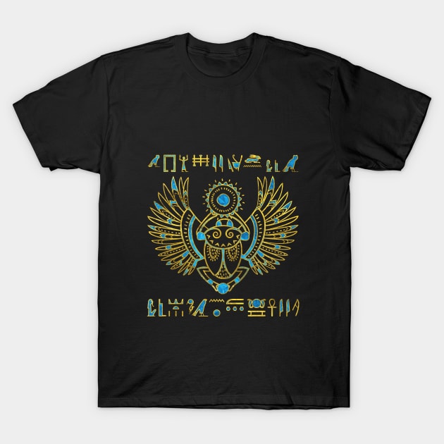 Egyptian Scarab Beetle Gold and blue stained glass T-Shirt by Nartissima